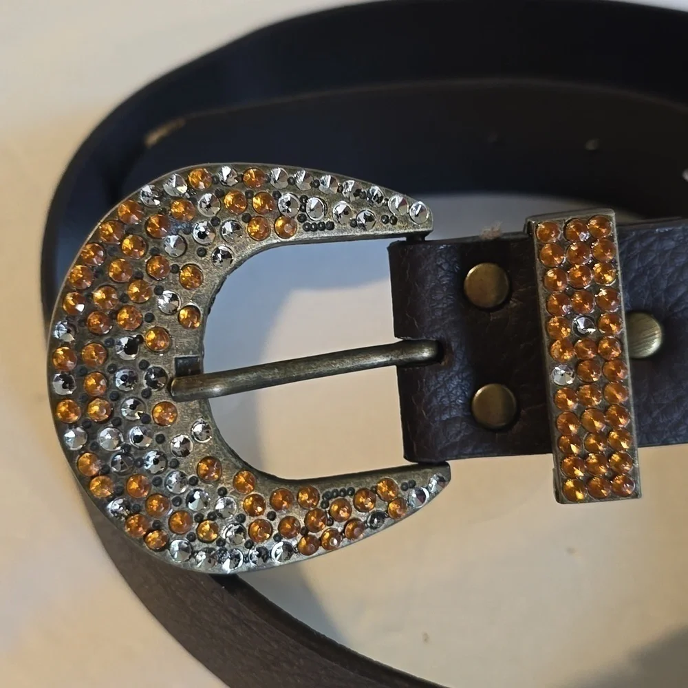 Womens Sparkle Bling Crystals Brown Leather Belt Sz.M/L